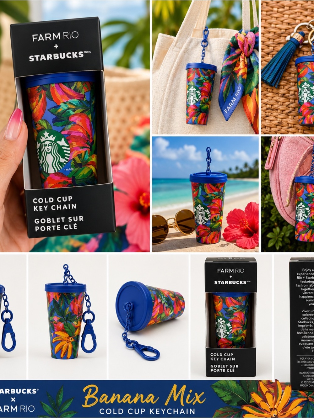 Starbucks x FARM Rio 2025 Blue Tropical Floral Cold Cup Keychain Mini Tumbler